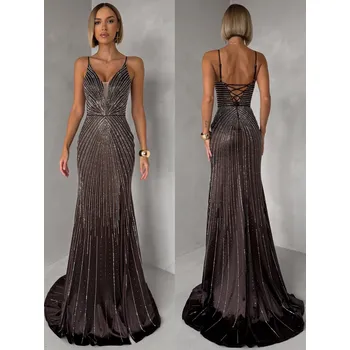 Dámské šaty hnědé luxusní plesové třpytivé šaty RAVELLE na ramínka Velikost: M