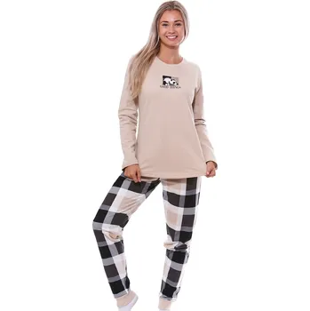 Dámské pyžamo Béžové a šedé kárované luxusní hřejivé bavlněné dámské pyžamo good thins s pandou 1TB0010 béžová l
