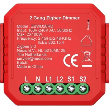 Centrální jednotka pro chytrou domácnost Nedis ZBWD20RD Spínač osvětlení, duální, Smart, 2× 100W, připojení terminálu, Zigbee 3.0, Android, iOS, Nedis SmartLife, červený ZBWD20RD