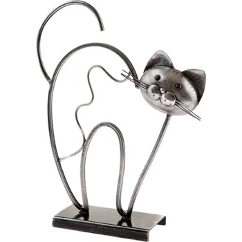 Kovová kočka stojící, na podstavci, 31,5 cm, stříbrná