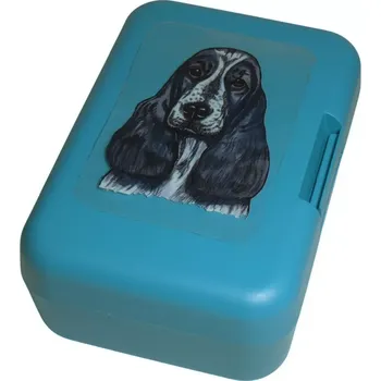 Dóza na potraviny Angl. kokršpaněl - modrý bělouš - plastový box (objem 0,9 l / 1,2 l)