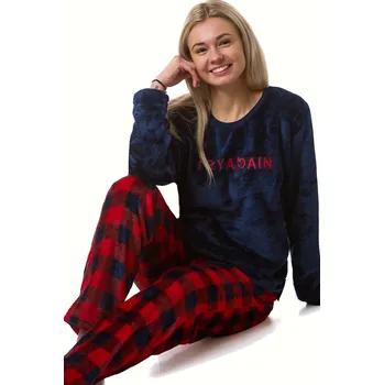 Dámské pyžamo Tmavě modré a červené kárované dámské huňaté extra teplé pyžamo 1Z1567 modrá s