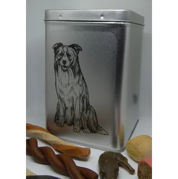 Chovatelství Border kolie sedící - plechová dóza s pamlsky pro psy (30 kusů pamlsků)