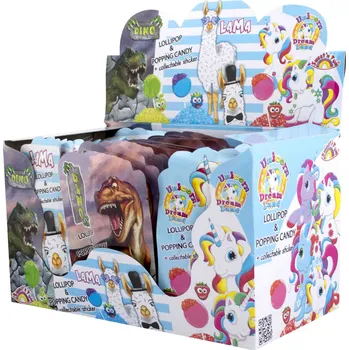 Bonbon Lízátka s práskacím práškem DINO / UNICORN / LAMA + sběratelská nálepka - 1 ks - VÝPRODEJ !!! DMT: 11/2024 (Lollipop & popping candy / se samolepkou / lízátko foot pop)