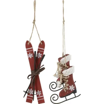 Vánoční dekorace Chic Antique 2ks červená antik vánoční ozdoba brusle a lyže Vintage - 2*14/ 9*2*9 cm