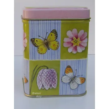 Dóza na potraviny Čajová plechová dóza s květy a motýly (na 100 g, velikost 7x7x10 cm)