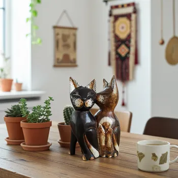 Kočka socha 2 kočky / Dřevo 20 cm