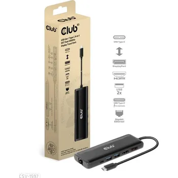Příslušenství pro notebook Club 3D Dokovací stanice USB-C 8v1, 1xDP, 1xHDMI, 1xUSB-C PD100W, 2xUSB, čtečka SD karet, šedá, CSV-1597