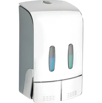 Dávkovač mýdla WENKO Dvoukomorový dávkovač mýdla a dezinfekce TARTAS kovově lesklý (z24590100) 24x15x9 cm