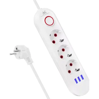 Elektrická zásuvka Prodlužovací přepěťová lišta s 3 zásuvkami a 3× USB, bílá