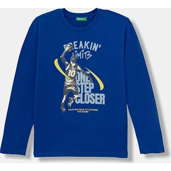 Dětské bavlněné tričko s dlouhým rukávem United Colors of Benetton modrá barva, s potiskem, 3ATNC10R8 3ATNC10R8.G.Seasonal 57X, vel. 160