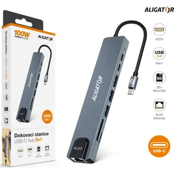 Aligator Dokovací stanice USB-C / Hub 8v1 (USB-C / 2xUSB / SD / MicroSD/ HDTV / RJ45), AHUB001