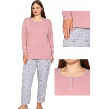 Dámské noční prádlo Dámské bavlněné pyžamo růžové s dlouhým rukávem a květinovým vzorem, velikost XL