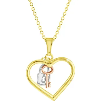 Náhrdelník GEMMAX "" Zlatý řetízek s přívěskem Srdíčko se zámkem a klíčem – zlatý šperk ryzosti 585/1000 v Dárkovém balení s Certifikátem GLSCN-29381-12491