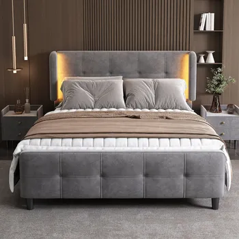 Postel Dvojlůžko 140x200 šedé s 16barevnými LED pásky na bočních uších