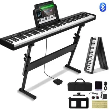 VEVOR 88 kláves skládací klávesnice piano, Bluetooth a MIDI, přenosné elektronické digitální skládací piano se stojanem, pedálem, taškou na dotek citlivými klávesami, dobíjecí pro začátečníky a teenagery, černé