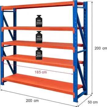 Dílenský regál Regalydoskladu Kovový skladový regál s 5-ti policemi FORTIS 200x200x50 cm, základní modul