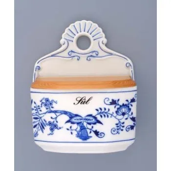 Dóza na potraviny Cibulák slánka závěsná s dřevěným víkem a s nápisem Sůl 0,70 l originální cibulákový porcelán Dubí