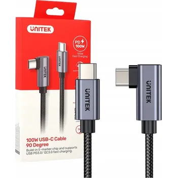 Datový kabel Úhlový kabel 90° USB-C - USB-C PD 3.0 100W 5A, QC, čip E-Mark, Unitek 100 cm