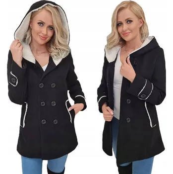 Dámský kabát KNOFLÍKY Kabát S KAPUCÍ Teplý s Kožíškem L