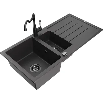 Kuchyňský dřez MEXEN/S - Andres granitový dřez s odkapávačem včetně baterie Carla, černá nakrapiany 6515-76-670700-70-B