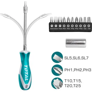 Šroubovák TOTAL Šroubovák s ohebnou hřídelí a hroty, sada 12ks, CrV THT250FL1206