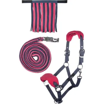 Set ohlávky s vodítkem s panic karabinou a třásněmi HKM,šedá/růžová, Full