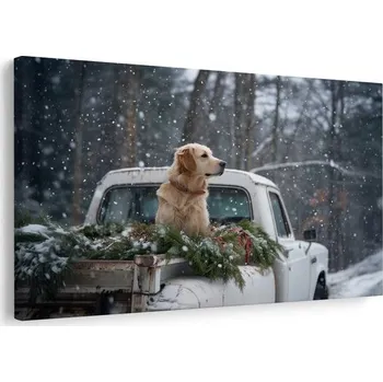 Obraz Dovido Obraz vánoční pes na zasněžené korbě