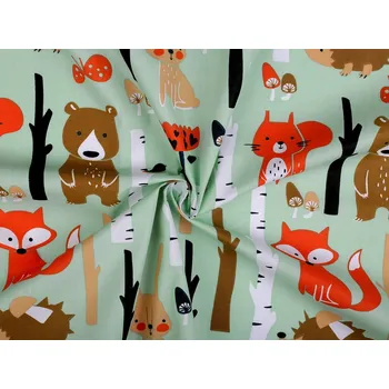 Bavlněná látka / plátno lišky v lese, barva 2 (292) mint
