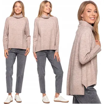 Dámský svetr DÁMSKÝ SVETR TEPLÝ S ROLÁKEM MORAJ ASYMETRICKÝ ZADNÍ DÍL BÉŽOVÝ L/XL