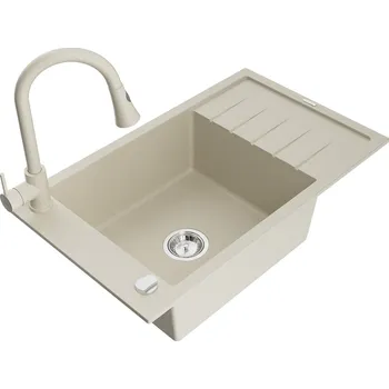 Granitový dřez MEXEN/S - Elias granitový dřez 1 s odkapávačem včetně baterie Elia, béžová 6511-69-670101-69