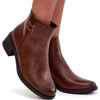 Dámská zimní obuv DÁMSKÉ KOTNÍKOVÉ BOTY Z EKOKŮŽE, HRANATÝ PODPATEK, NA ZIP, ZATEPLENÉ, HNĚDÉ, VELIKOST 40