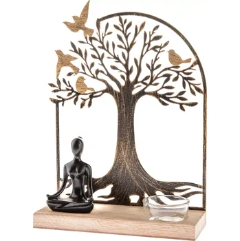 Svícen Kovový svícen s dřevěným podstavcem - Buddha