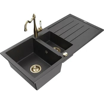 Kuchyňský dřez MEXEN/S - Andres granitový dřez s odkapávačem včetně baterie Carla, černá nakrapiany 6515-76-670700-50