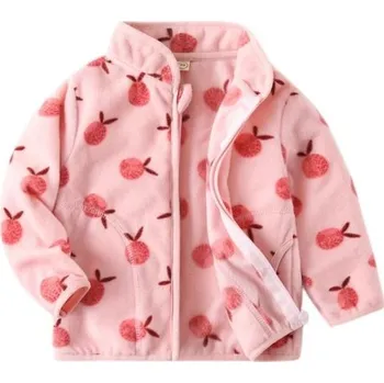 Dětská zimní bunda s vysokým límcem Teplá unisex bunda na zip Růžová plyšová bunda s kapsami Zimní bunda pro děti s motivem ovoce 3