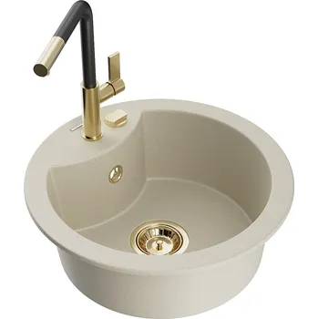 Granitový dřez MEXEN/S - Diego granitový dřez 1-miska včetně baterie Flora, béžová 6512-69-670401-57-G