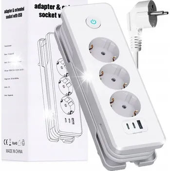 Napájecí kabel Prodlužovací Kabel Zásuvková Lišta Siec 1.5M 3 zásuvky 230V + 3x USB nabíječka
