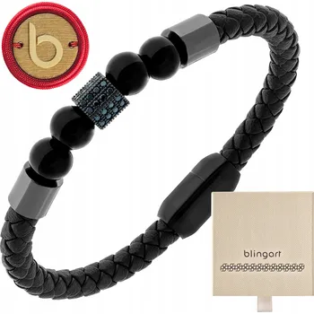 Náramek Pánský náramek KOŽENÝ s KORÁLKY, onyx černý