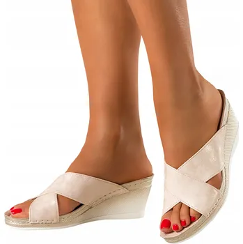 Dámské pantofle NAZOUVÁKY Dámské Stabilní Koturn Pohodlné Pásky Na Kříž Kožená Vložka vel. 38