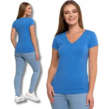 BAVLNĚNÉ DÁMSKÉ TRIČKO S VÝSTŘIHEM DO V HLADKÉ MORAJ MODRÉ XXL