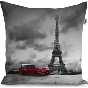 Polštář Sablio Polštář Eiffelova věž a červené auto - 40x40 cm