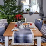 Běhoun z modrého kanafasu s širokou krajkou Vzor kanafasu: Kostky 12x12mm se vzorem, Běhoun rozměr: 45x150cm (50/150cm)