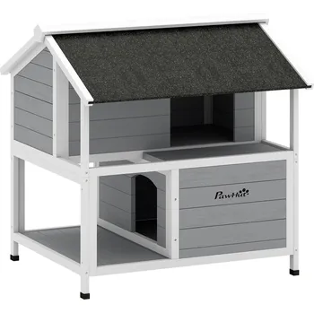 Pelíšek pro kočku Venkovní kočičí domek, kočičí útočiště pro venkovní použití, vodotěsný, s výklopnou střechou, smrkové dřevo, 80 x 93 x 95 cm, šedý