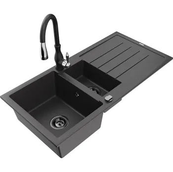 MEXEN/S - Andres granitový dřez s odkapávačem včetně baterie Savita, černá nakrapiany 6515-76-672601-70-B