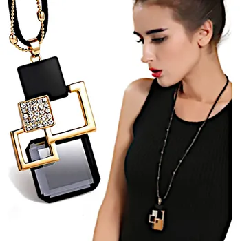 Náhrdelník Dlouhý náhrdelník Podzim Zlatý Šedý Čtverce Zirkony Řetízek Řemínek