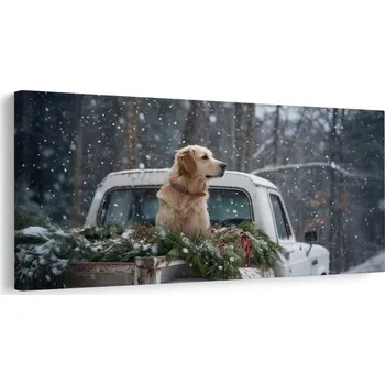 Obraz Dovido Vánoční obraz pes na korbě plné jehličí