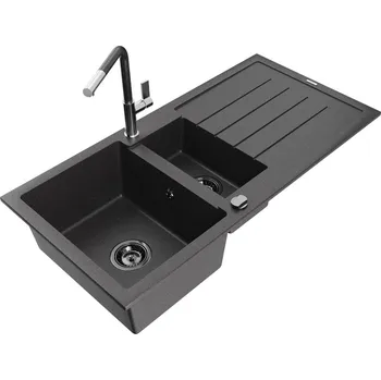 MEXEN/S - Andres granitový dřez s odkapávačem včetně baterie Flora, černá nakrapiany 6515-76-670401-08-B