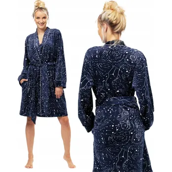 Dámské noční prádlo Key dámský župan ke kolenům bez kapuce tmavě modrý velikost L/XL