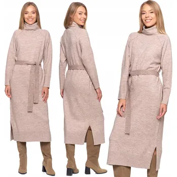 Dámské šaty ŠATY S ROLÁKEM MORAJ ELEGANTNÍ BÉŽOVÁ S/M