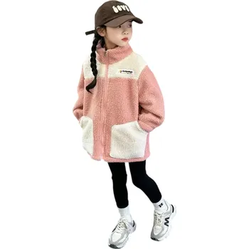 Dívčí bunda Dětská zimní bunda s vysokým límcem Teplá dívčí bunda na zip s kapsami Plyšová zimní bunda z bavlny a polyesteru pro pohodlí v chladu růžová 5